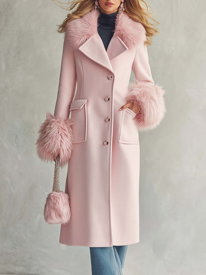 Elegant Faux-fur Collar And Cuffs Long Pink Wool-blend Coat