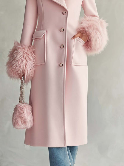 Elegant Faux-fur Collar And Cuffs Long Pink Wool-blend Coat