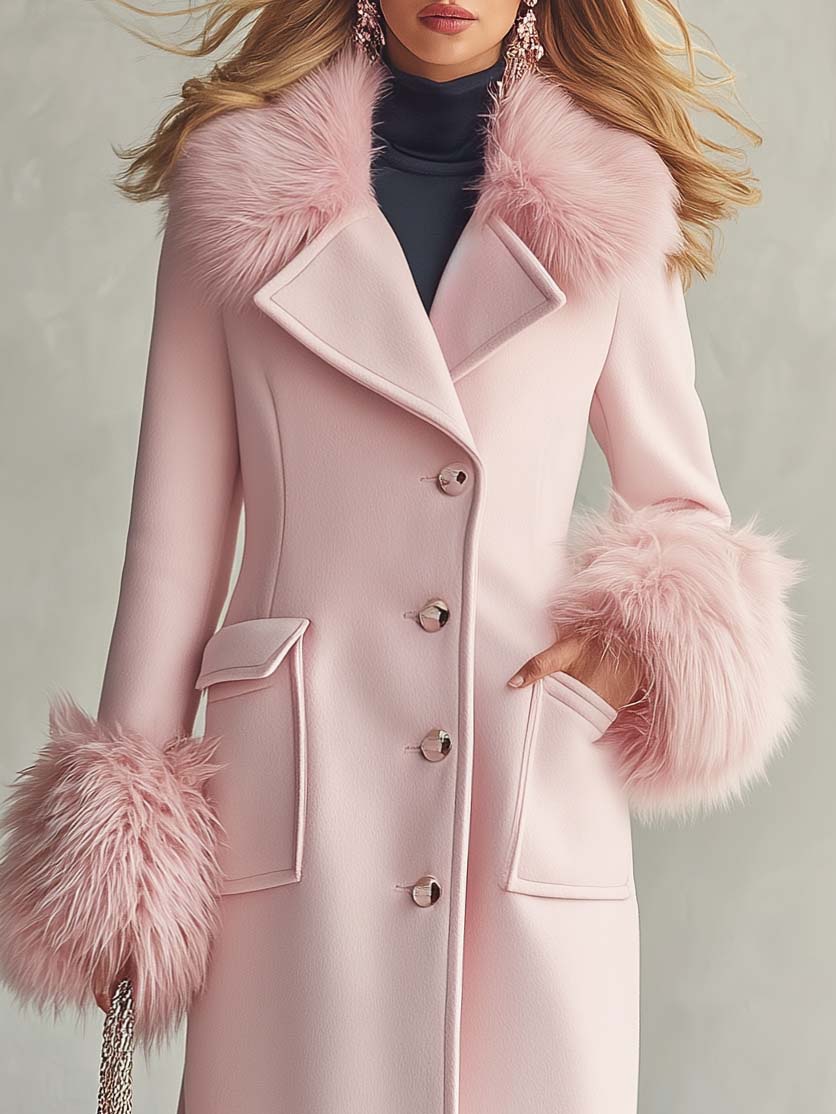 Elegant Faux-fur Collar And Cuffs Long Pink Wool-blend Coat