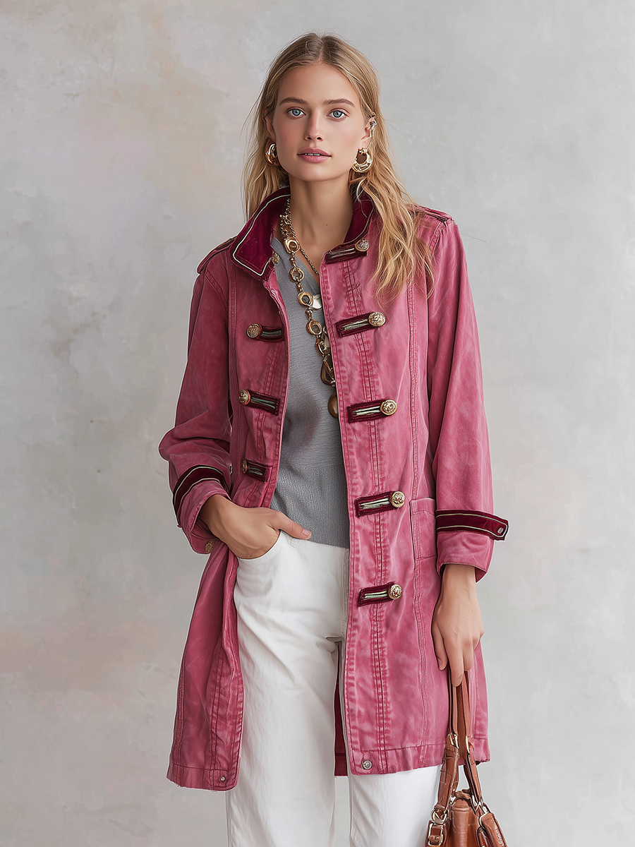 Pink Military Style Gold Button Longline Jacket
