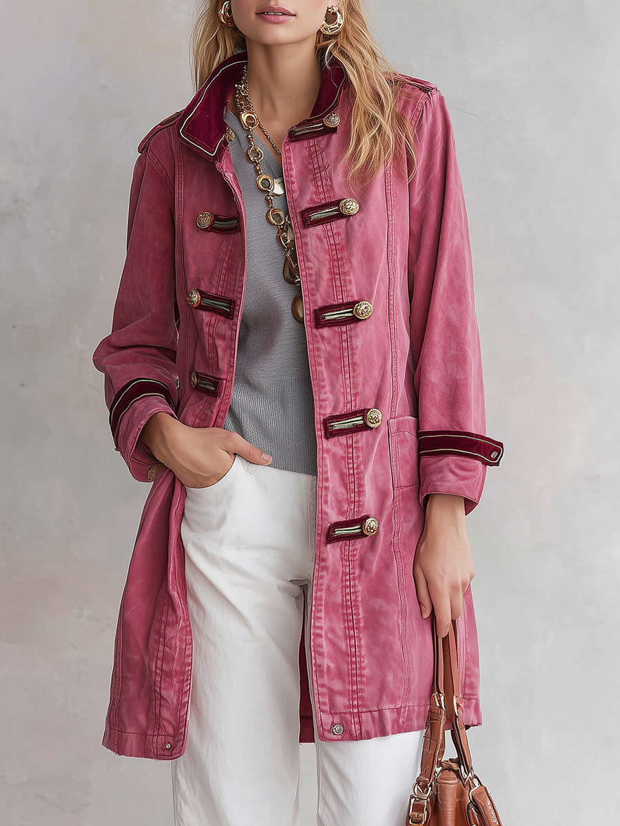 Pink Military Style Gold Button Longline Jacket