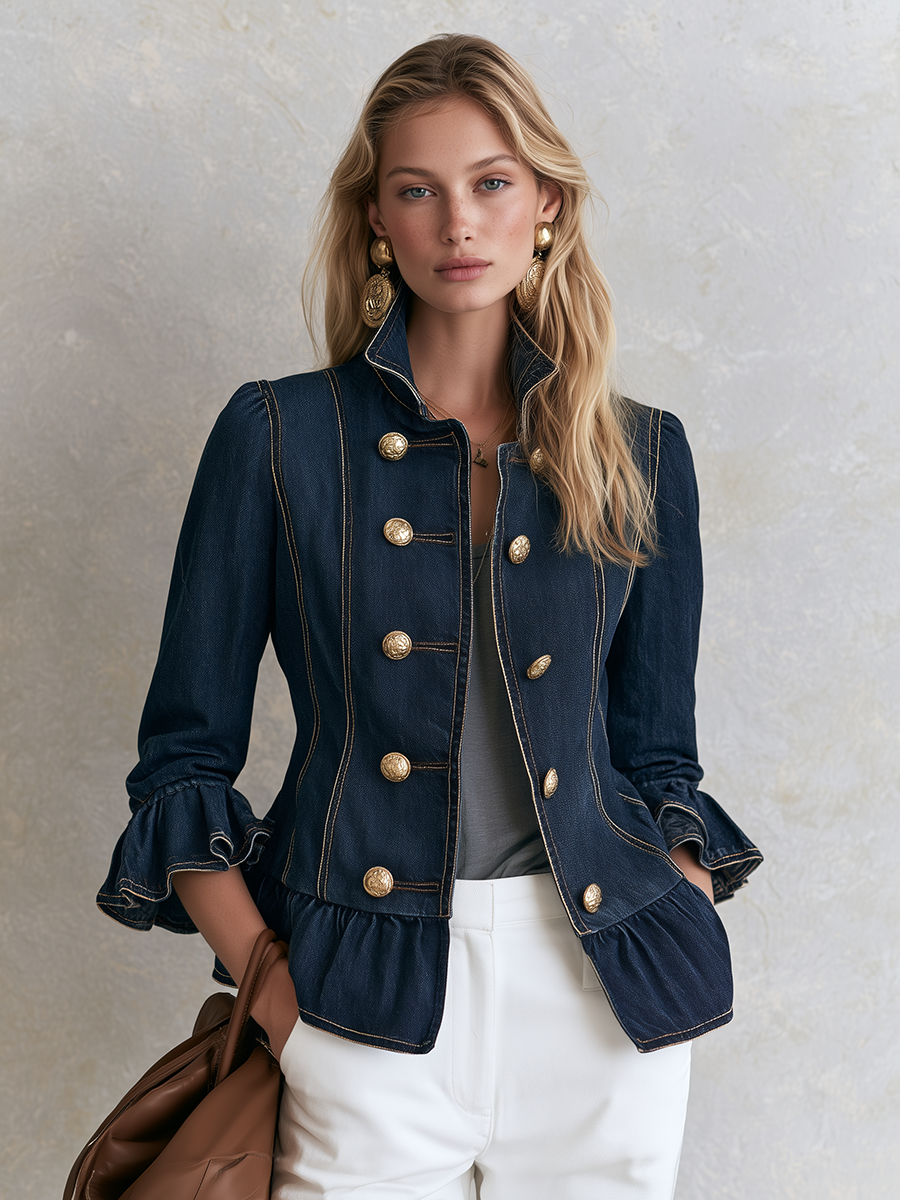 Indigo Peplum Denim Gold Button Jacket