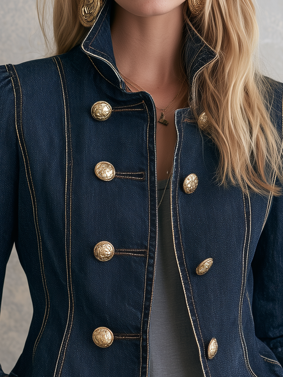 Indigo Peplum Denim Gold Button Jacket