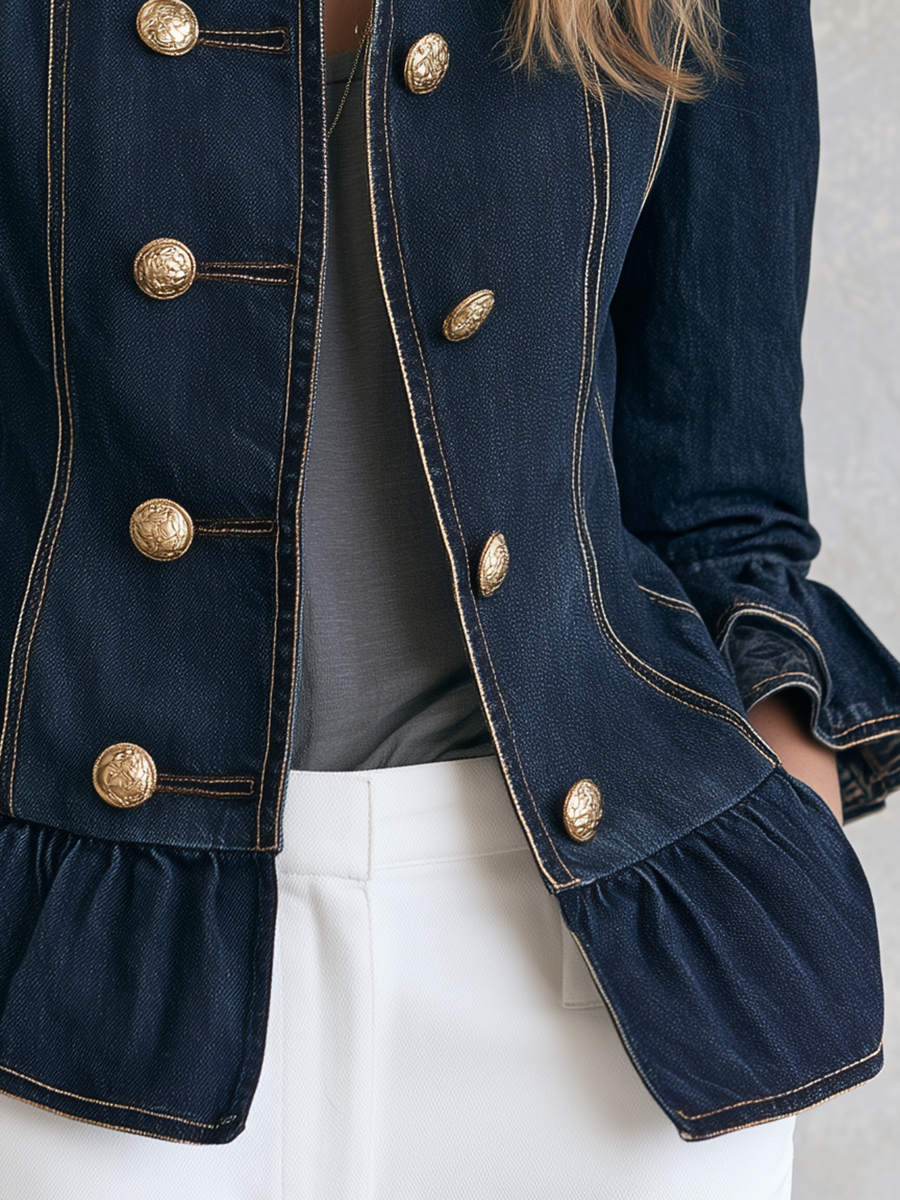 Indigo Peplum Denim Gold Button Jacket