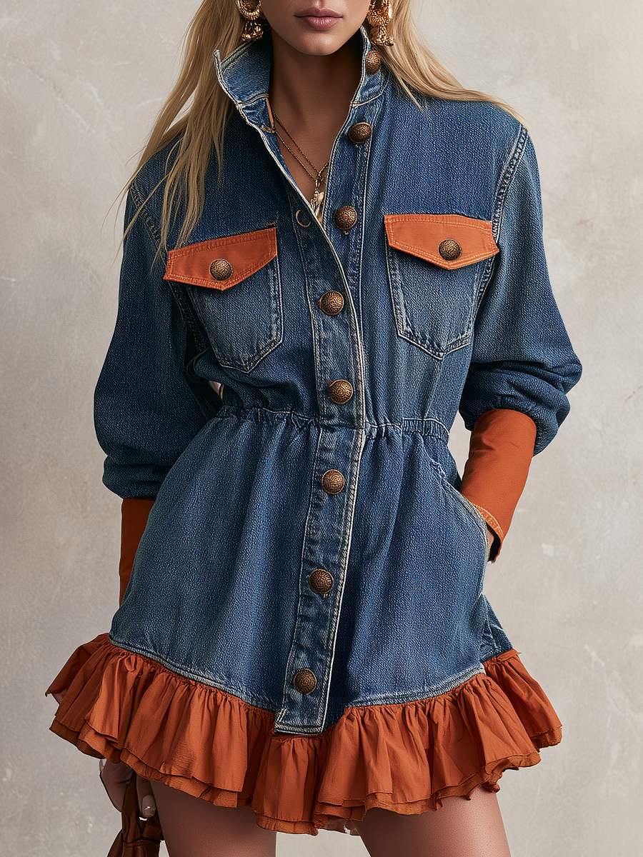 Blue Denim Ruffle Hem Button Front Mini Dress