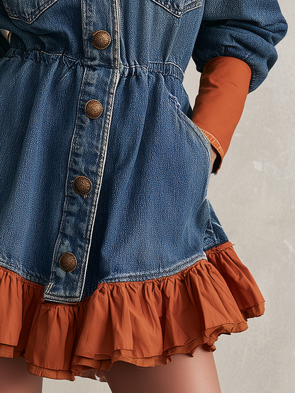 Blue Denim Ruffle Hem Button Front Mini Dress