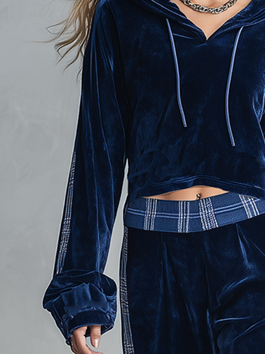 Casual Urban Style Plaid Trim Dark Blue Velvet Hooded Top &amp; Wide-Leg Pants Set