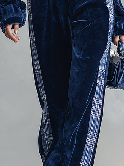 Casual Urban Style Plaid Trim Dark Blue Velvet Hooded Top &amp; Wide-Leg Pants Set
