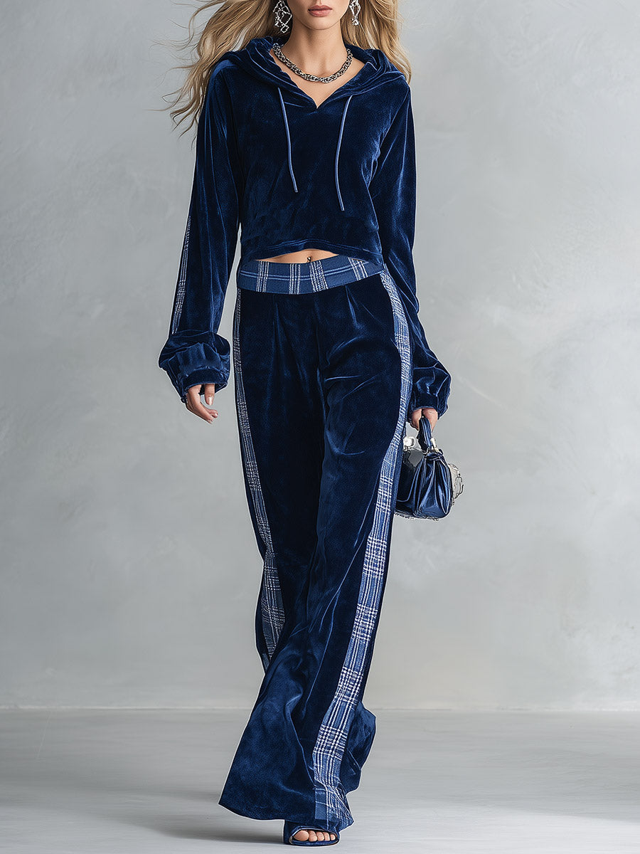 Casual Urban Style Plaid Trim Dark Blue Velvet Hooded Top &amp; Wide-Leg Pants Set