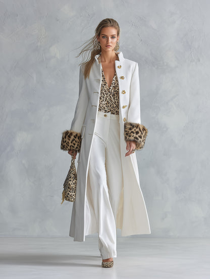 Premium Leopard-print Faux-fur Cuffs White Stand Collar Single-breasted Coat