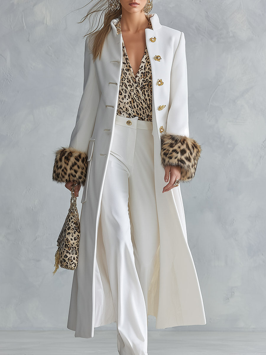 Premium Leopard-print Faux-fur Cuffs White Stand Collar Single-breasted Coat