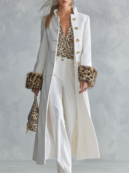 Premium Leopard-print Faux-fur Cuffs White Stand Collar Single-breasted Coat