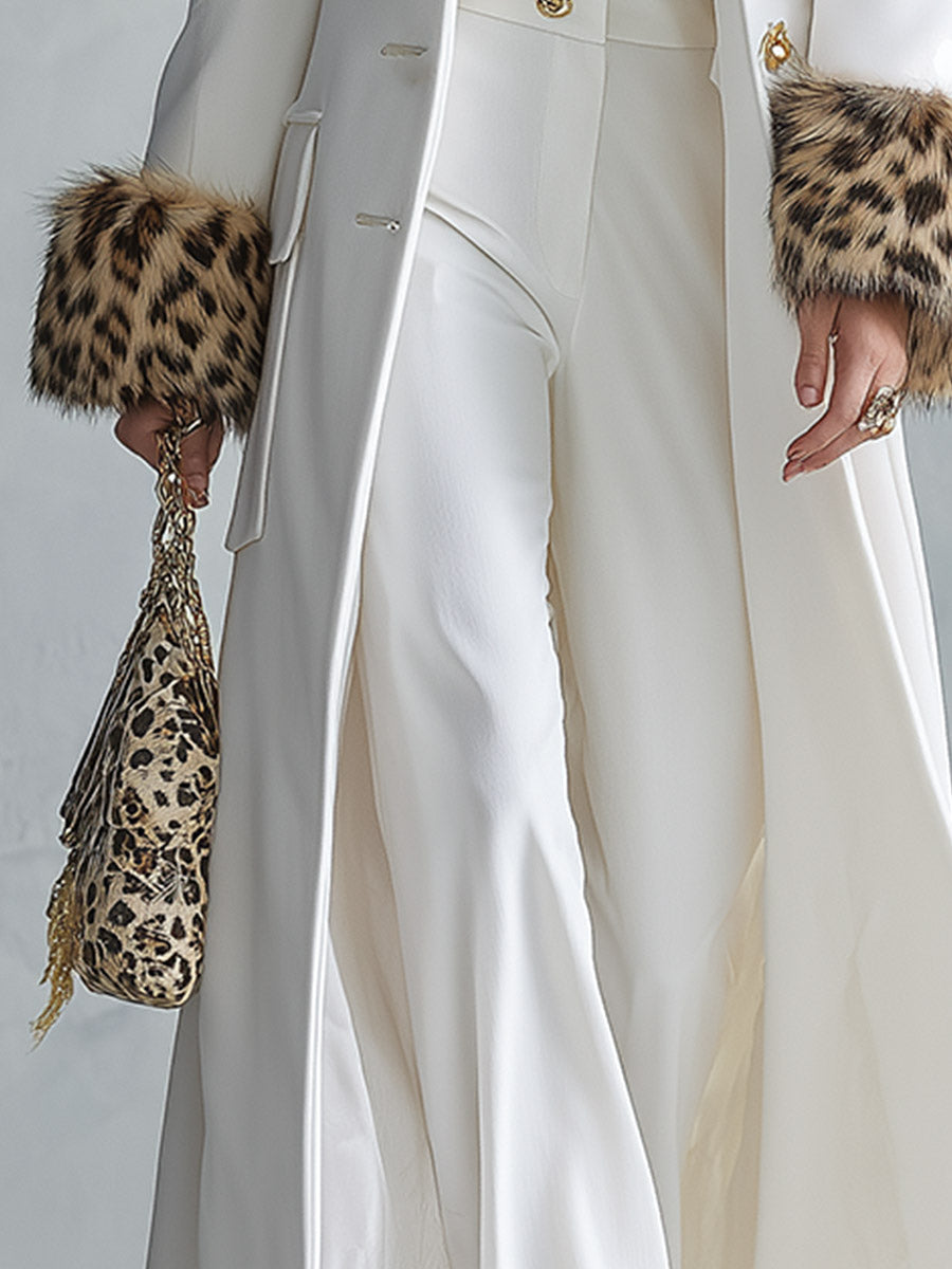 Premium Leopard-print Faux-fur Cuffs White Stand Collar Single-breasted Coat