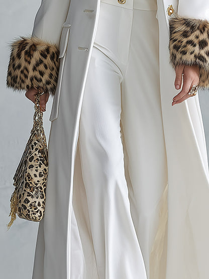 Premium Leopard-print Faux-fur Cuffs White Stand Collar Single-breasted Coat