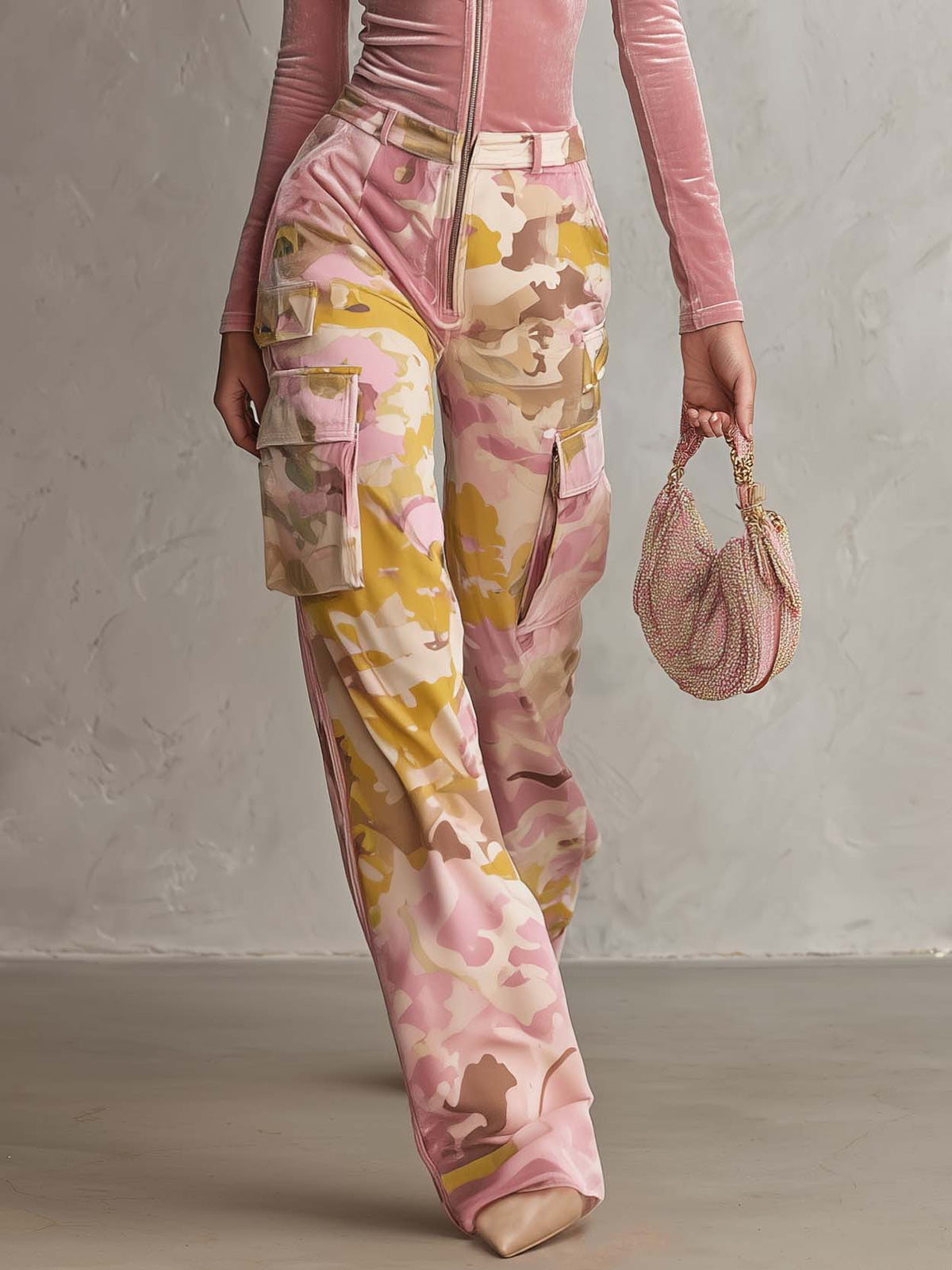 Retro Pink Velvet Long Sleeve Zip Front Camo Cargo Wide Leg Jumpsuit