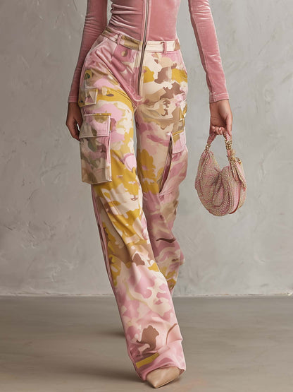 Retro Pink Velvet Long Sleeve Zip Front Camo Cargo Wide Leg Jumpsuit
