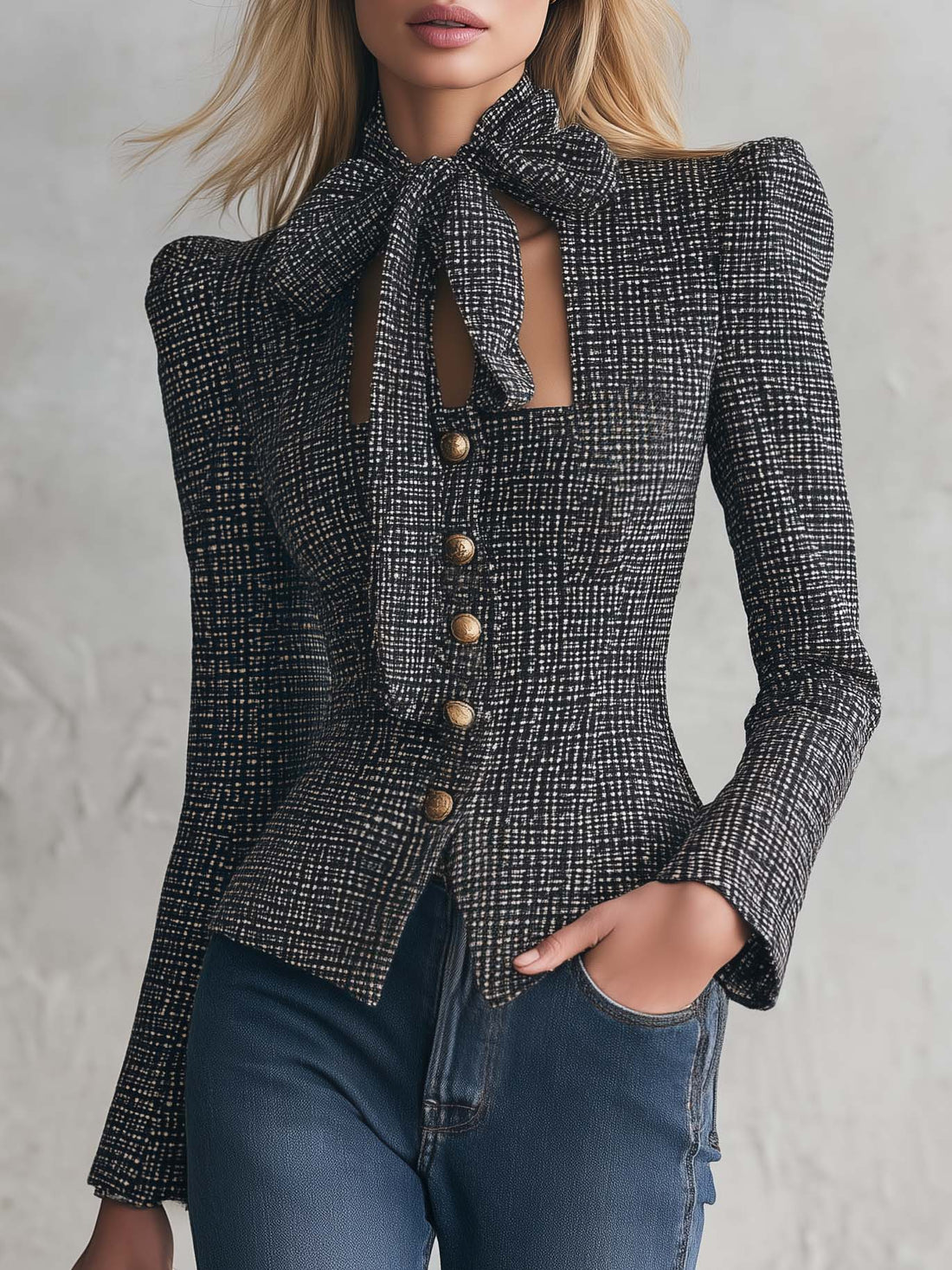 Vintage Elegant Black Tweed Tie-Neck Bow Puff Shoulder Gold Button Fitted Jacket