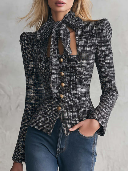 Vintage Elegant Black Tweed Tie-Neck Bow Puff Shoulder Gold Button Fitted Jacket