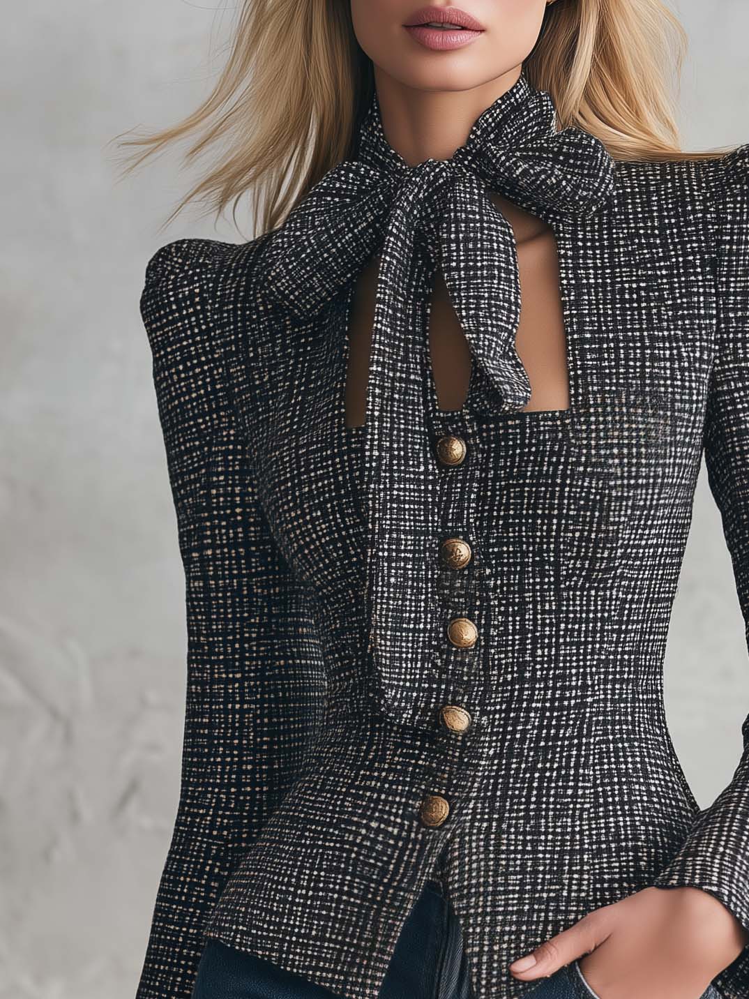 Vintage Elegant Black Tweed Tie-Neck Bow Puff Shoulder Gold Button Fitted Jacket