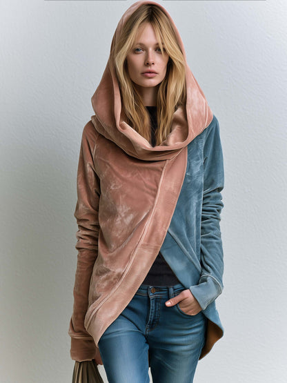 Boho Asymmetric Wrap Color Block Cowl Neck Oversized Velvet Hoodie