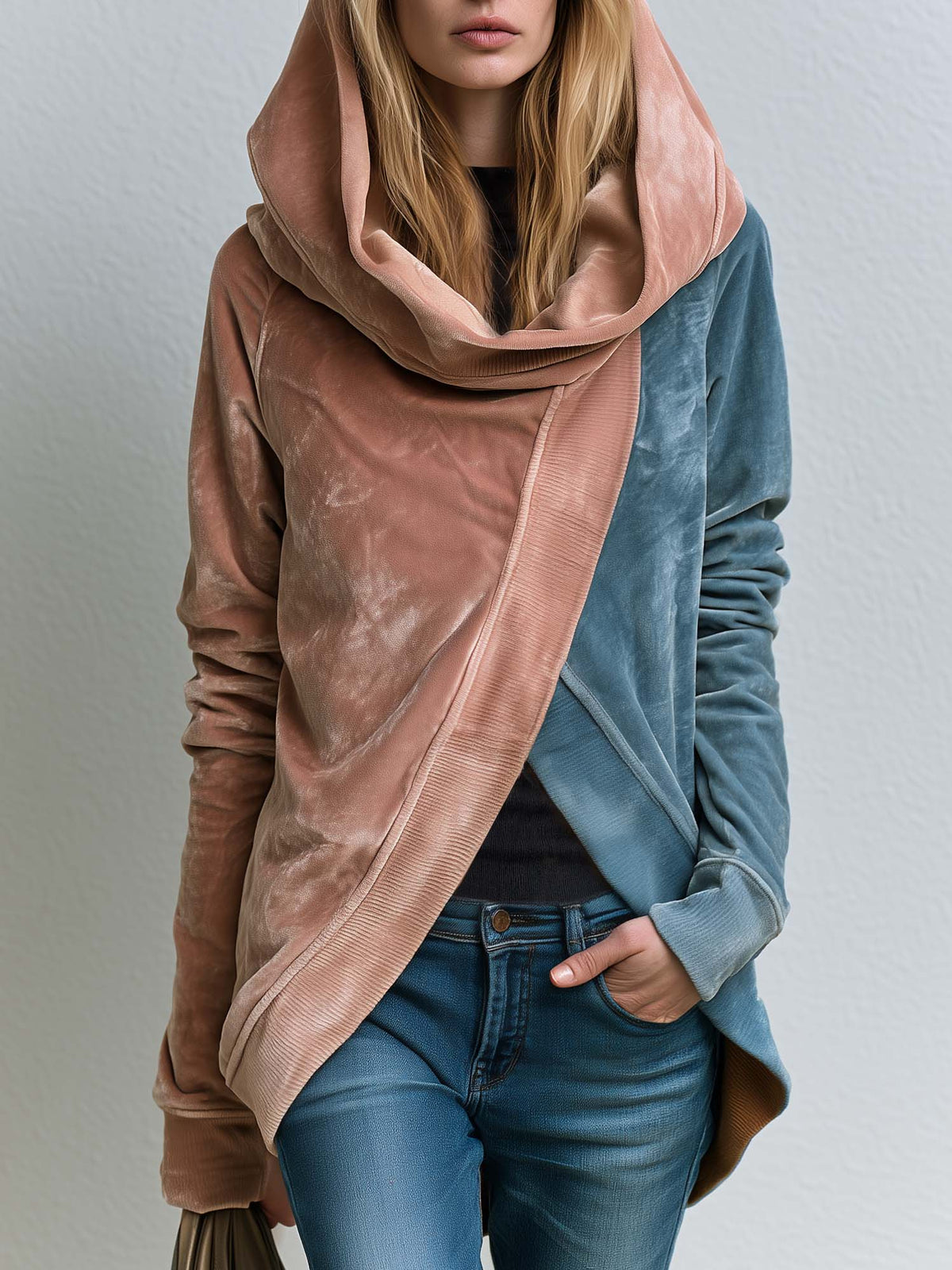 Boho Asymmetric Wrap Color Block Cowl Neck Oversized Velvet Hoodie