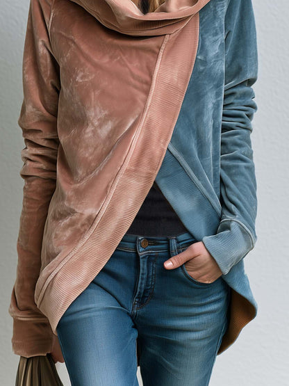 Boho Asymmetric Wrap Color Block Cowl Neck Oversized Velvet Hoodie