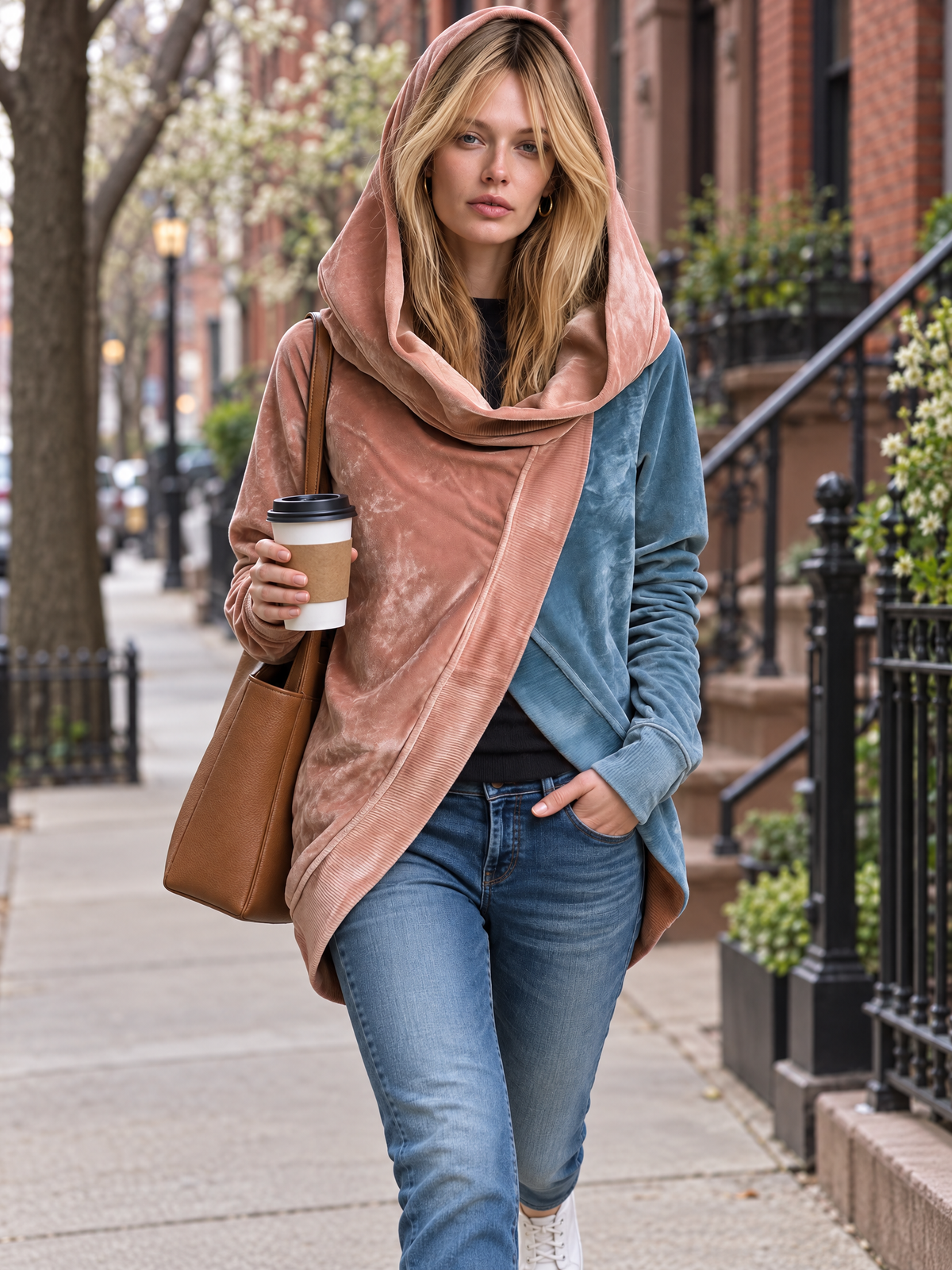 Boho Asymmetric Wrap Color Block Cowl Neck Oversized Velvet Hoodie