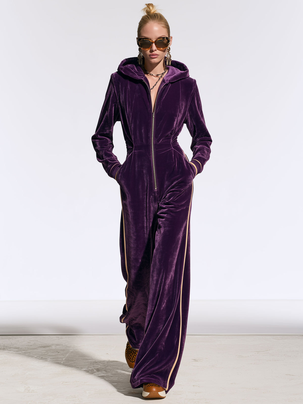 Casual And Stylish Gold And Purple Velvet Long-sleeved Hooded Jumpsuit