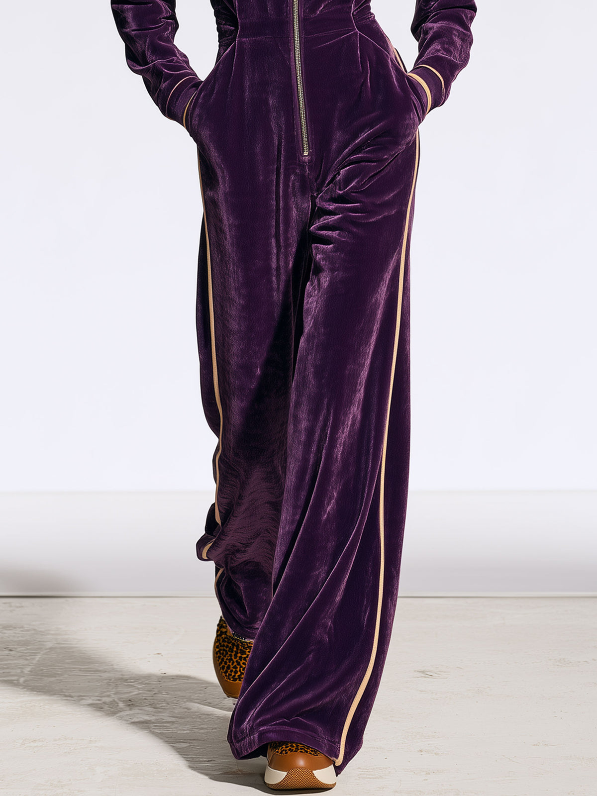 Casual And Stylish Gold And Purple Velvet Long-sleeved Hooded Jumpsuit