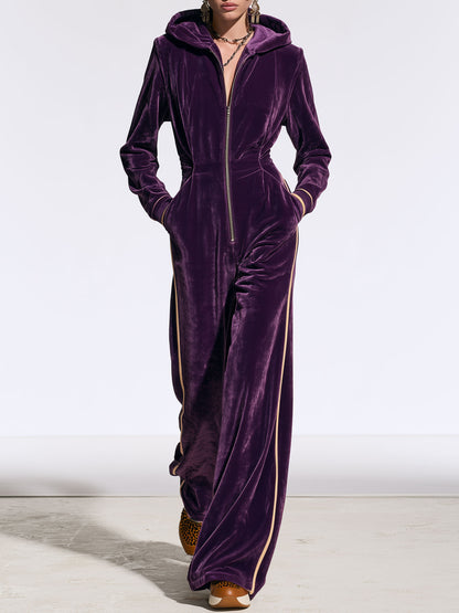 Casual And Stylish Gold And Purple Velvet Long-sleeved Hooded Jumpsuit