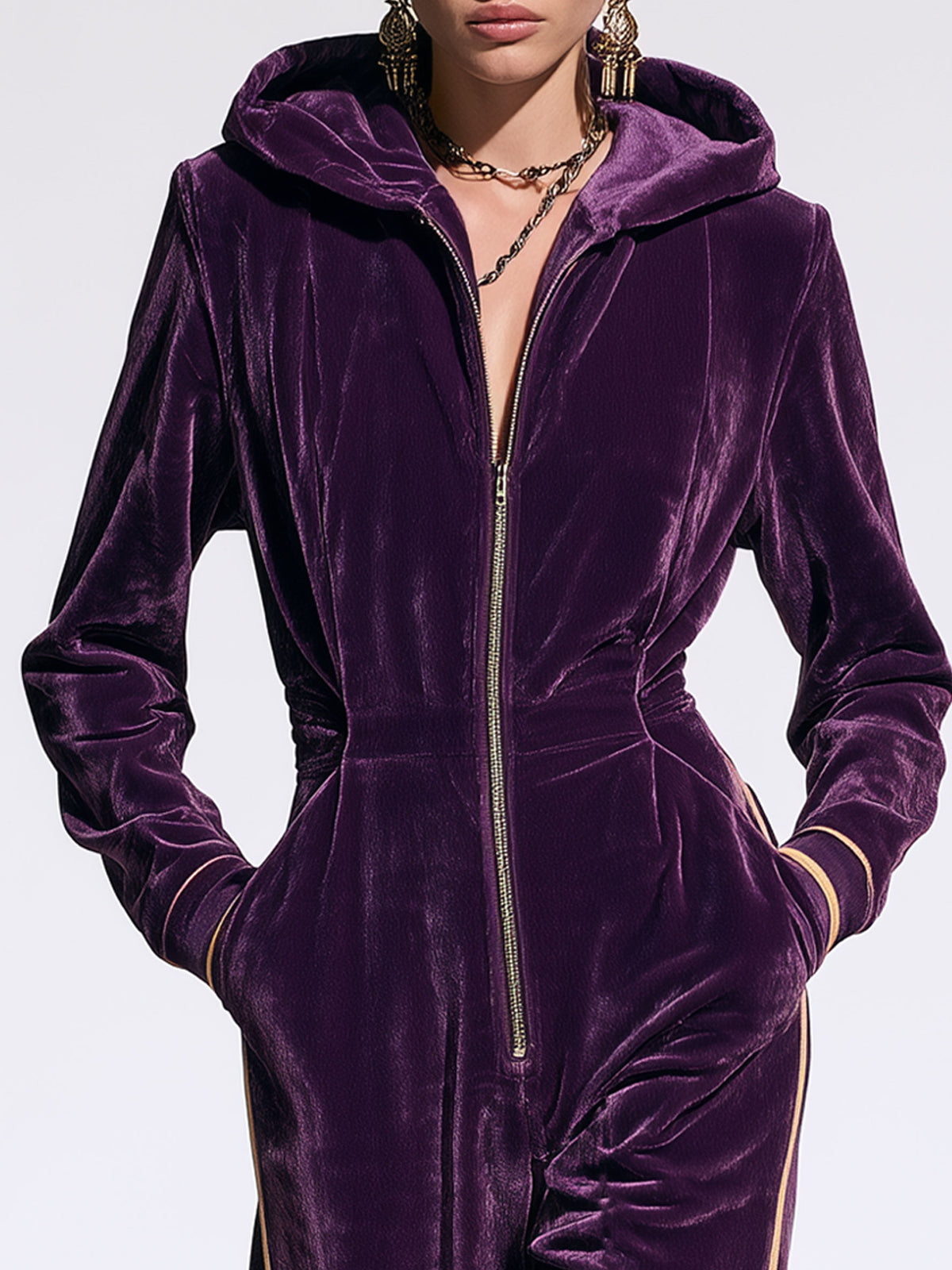 Casual And Stylish Gold And Purple Velvet Long-sleeved Hooded Jumpsuit