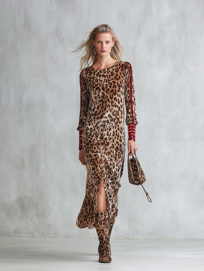 Retro Color-block Striped Leopard Print Slit Velvet Midi Dress