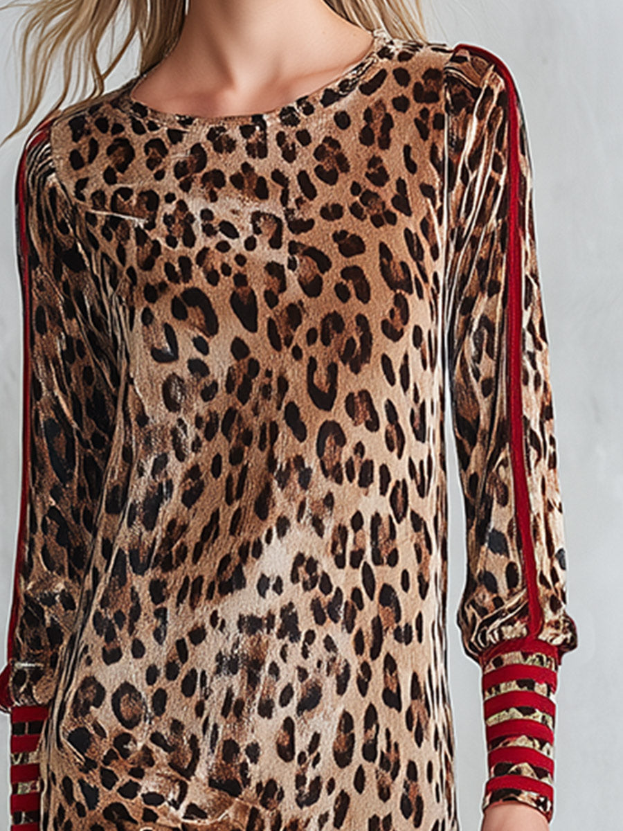 Retro Color-block Striped Leopard Print Slit Velvet Midi Dress