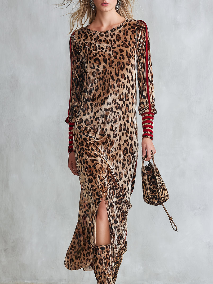 Retro Color-block Striped Leopard Print Slit Velvet Midi Dress