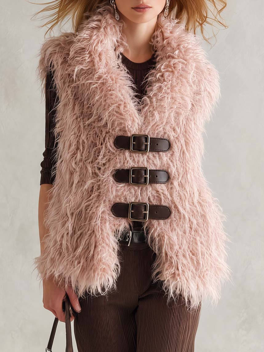 Retro Boho Women Pink Shaggy Mongolian Faux Fur Buckle-Front Sleeveless Vest