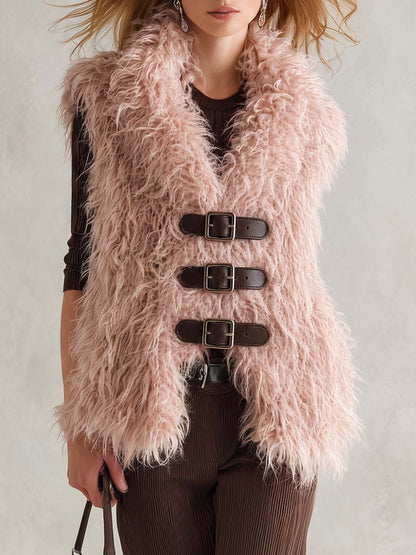 Retro Boho Women Pink Shaggy Mongolian Faux Fur Buckle-Front Sleeveless Vest