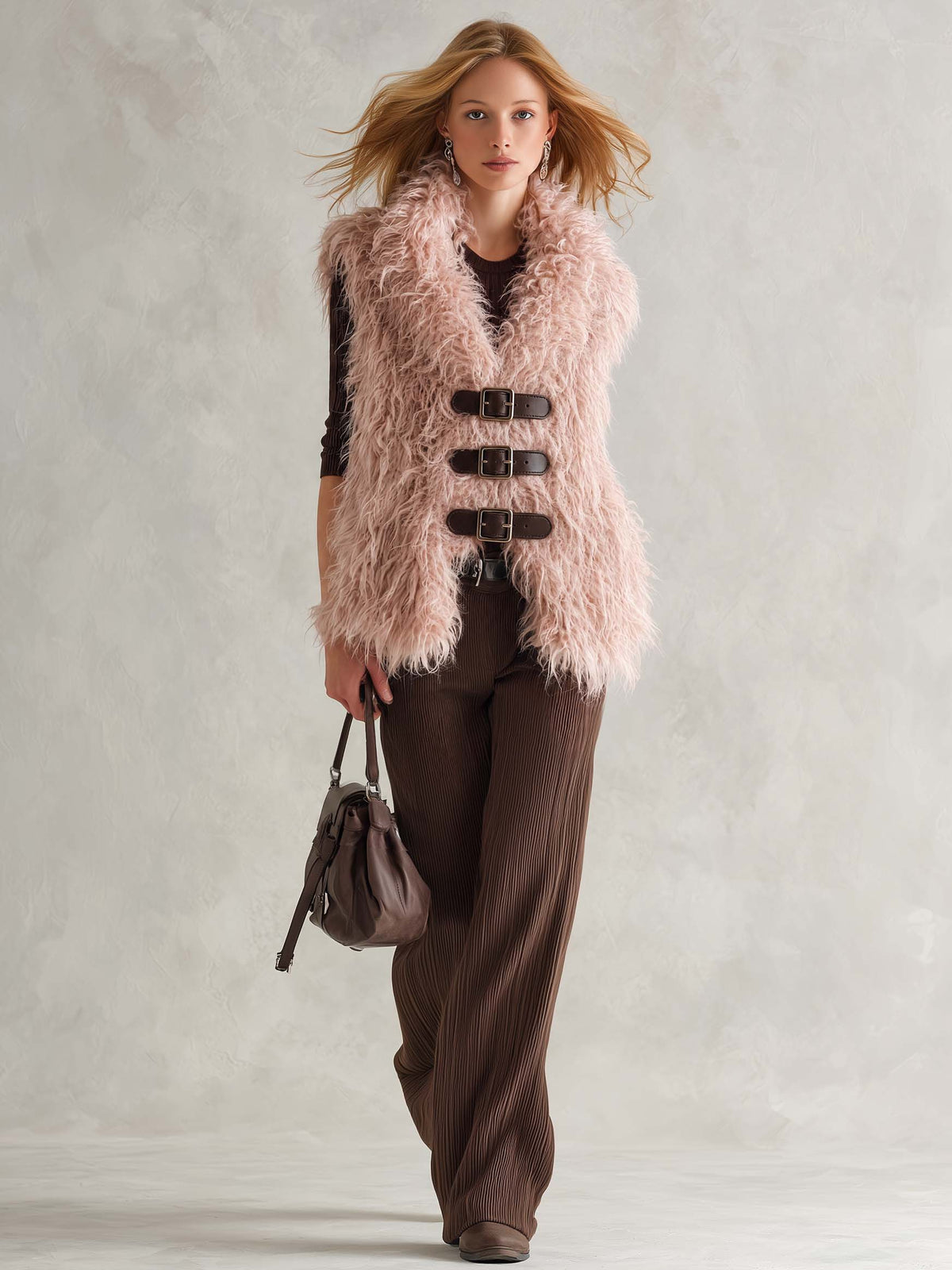 Retro Boho Women Pink Shaggy Mongolian Faux Fur Buckle-Front Sleeveless Vest