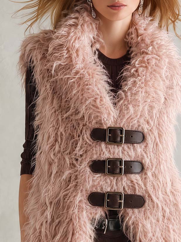 Retro Boho Women Pink Shaggy Mongolian Faux Fur Buckle-Front Sleeveless Vest