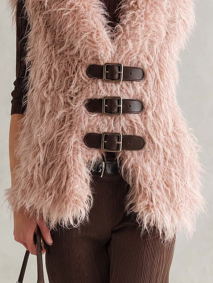 Retro Boho Women Pink Shaggy Mongolian Faux Fur Buckle-Front Sleeveless Vest