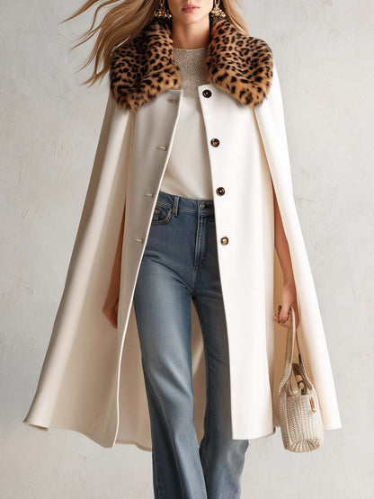 Retro Elegant Ivory Leopard Faux Fur Collar Wool Blend Swing Cape Coat