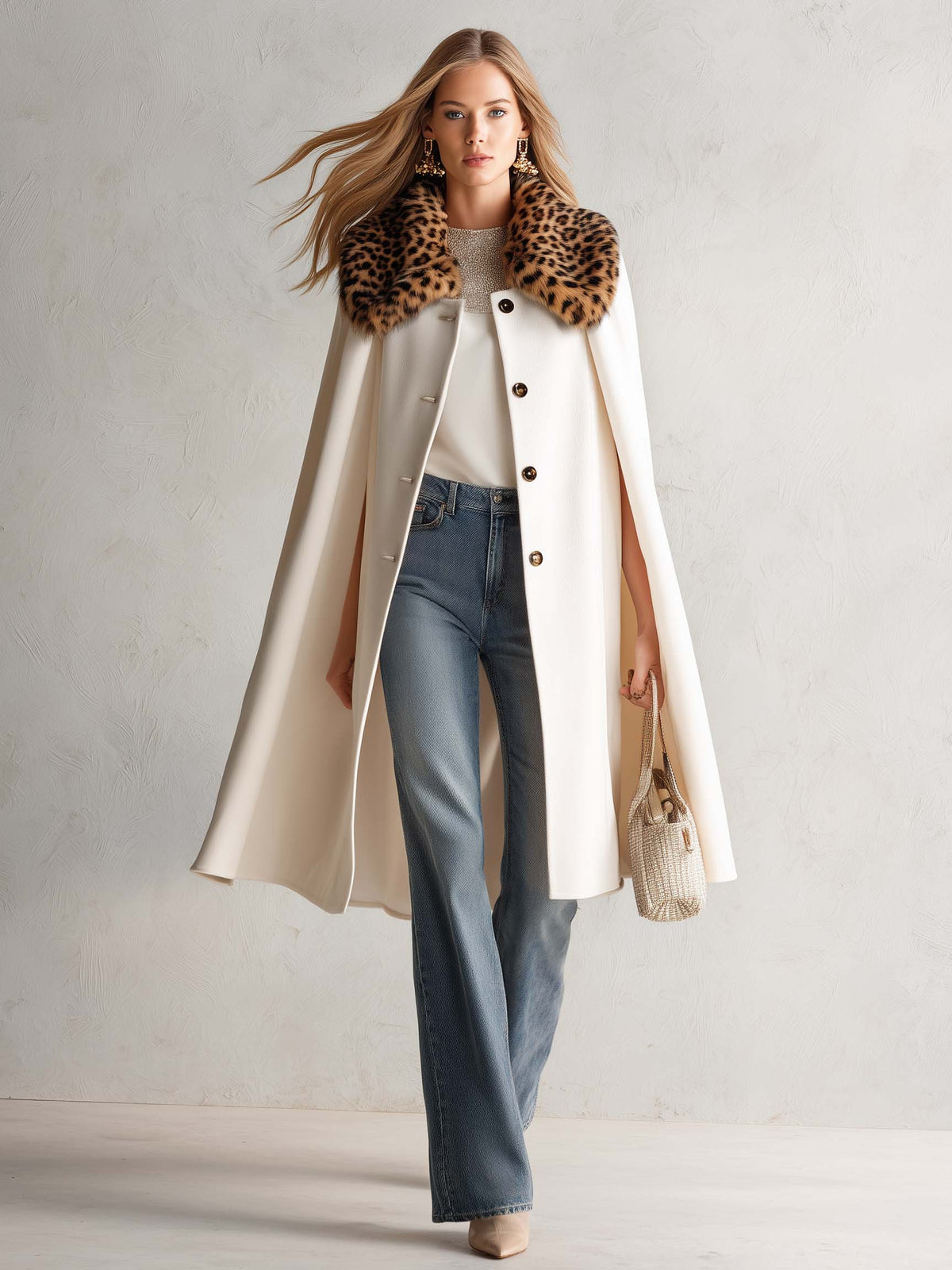 Retro Elegant Ivory Leopard Faux Fur Collar Wool Blend Swing Cape Coat