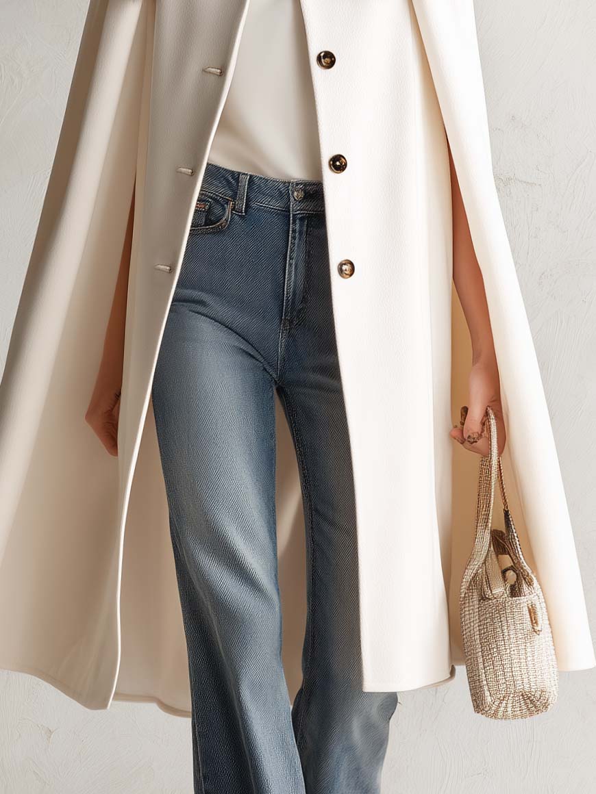 Retro Elegant Ivory Leopard Faux Fur Collar Wool Blend Swing Cape Coat