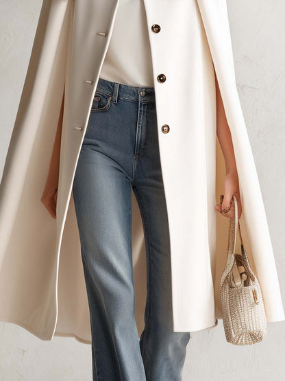 Retro Elegant Ivory Leopard Faux Fur Collar Wool Blend Swing Cape Coat