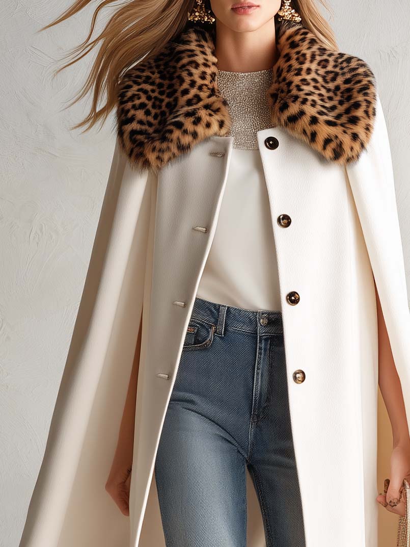 Retro Elegant Ivory Leopard Faux Fur Collar Wool Blend Swing Cape Coat