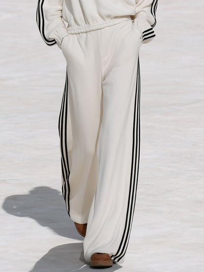 Casual Sporty Black Ribbon White Half-Zip Sweatshirt And Wide-Leg Pants Set