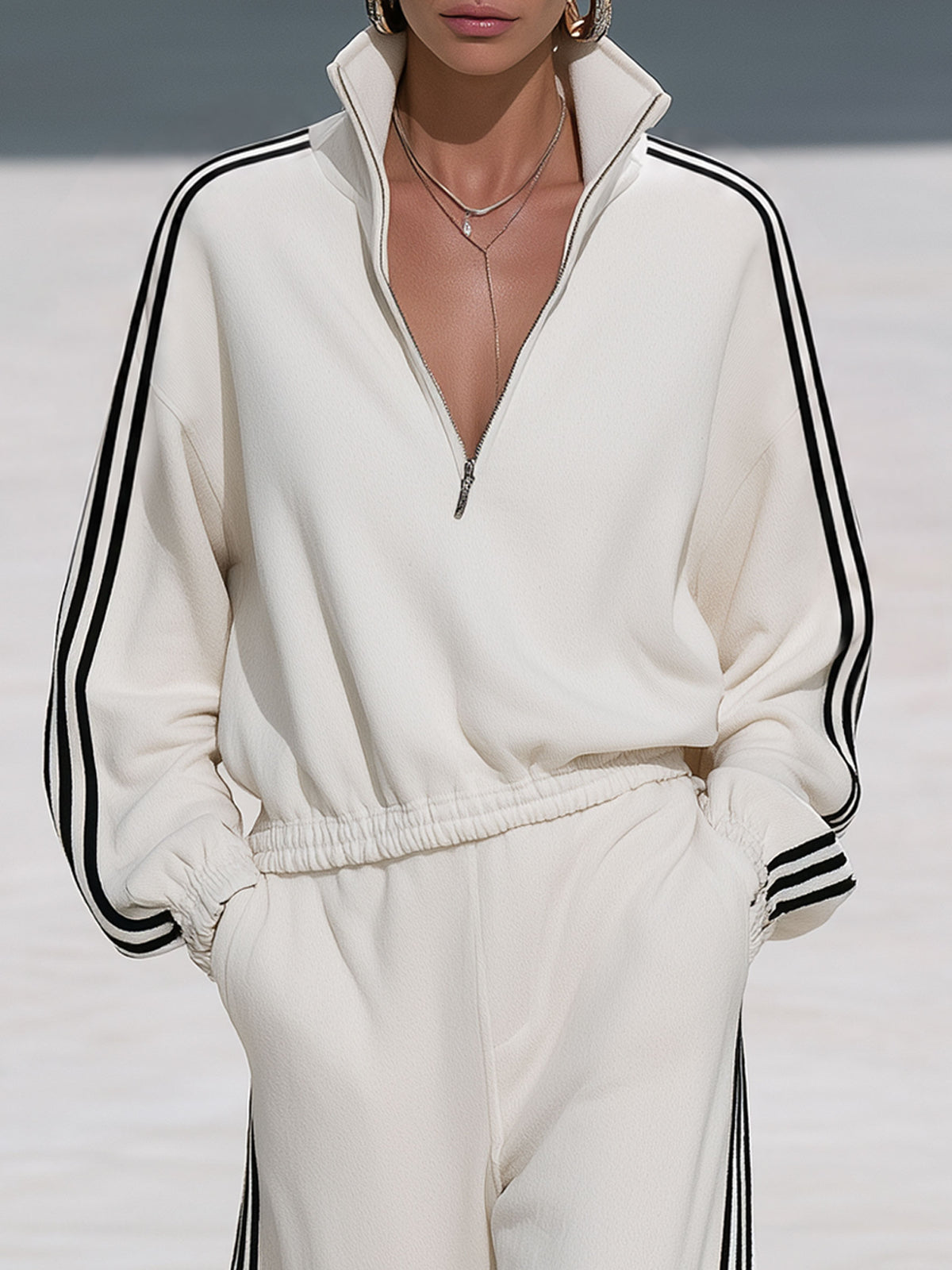 Casual Sporty Black Ribbon White Half-Zip Sweatshirt And Wide-Leg Pants Set