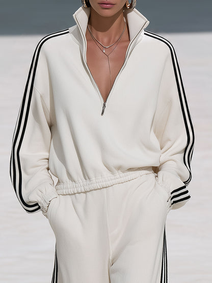 Casual Sporty Black Ribbon White Half-Zip Sweatshirt And Wide-Leg Pants Set