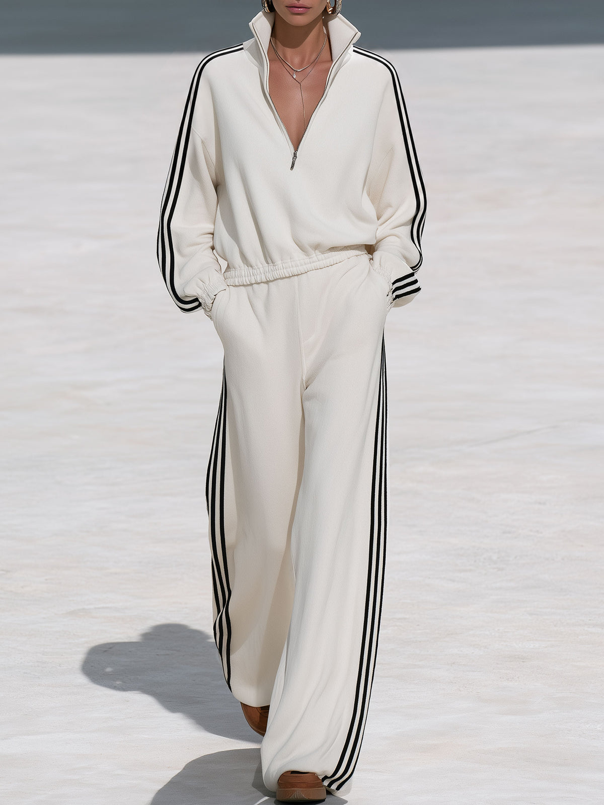 Casual Sporty Black Ribbon White Half-Zip Sweatshirt And Wide-Leg Pants Set