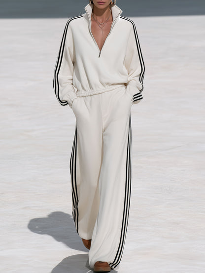 Casual Sporty Black Ribbon White Half-Zip Sweatshirt And Wide-Leg Pants Set