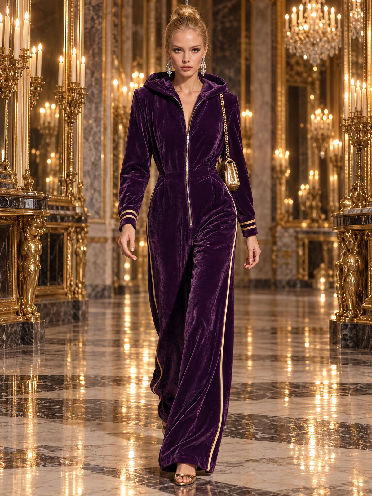 Casual And Stylish Gold And Purple Velvet Long-sleeved Hooded Jumpsuit
